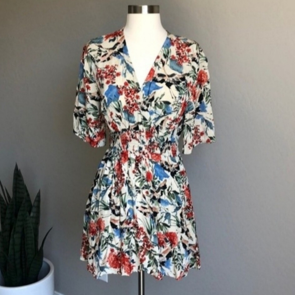 Zara Cream Floral Mini Dress with Blue and Red Accents